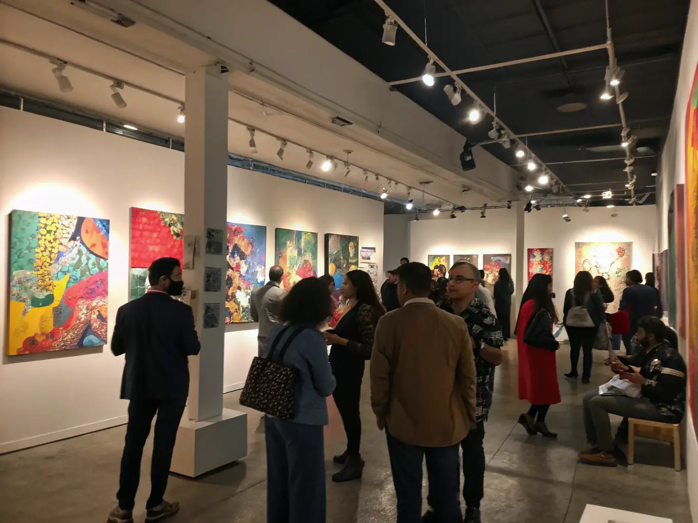 A photograph of a community art exhibition, featuring diverse artworks and attendees interacting with the art.