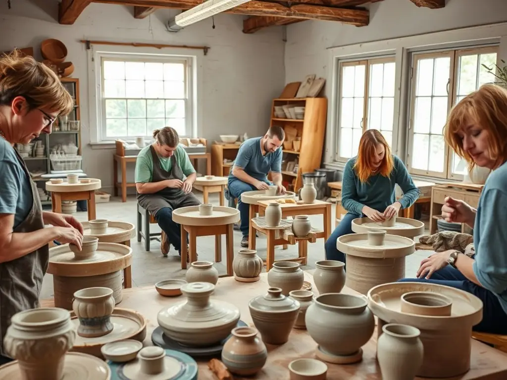 A photo of a group of adults participating in a pottery class, with clay and pottery wheels visible. The atmosphere is relaxed and collaborative.