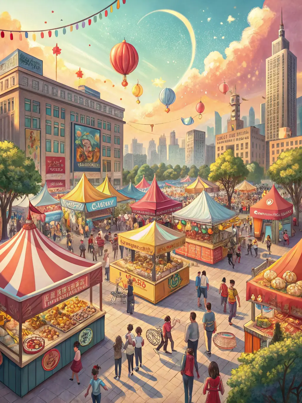 A photograph of a community cultural festival organized by ASSOCIATION FAMILIALE RURALE, featuring diverse food stalls, music, and dance performances.