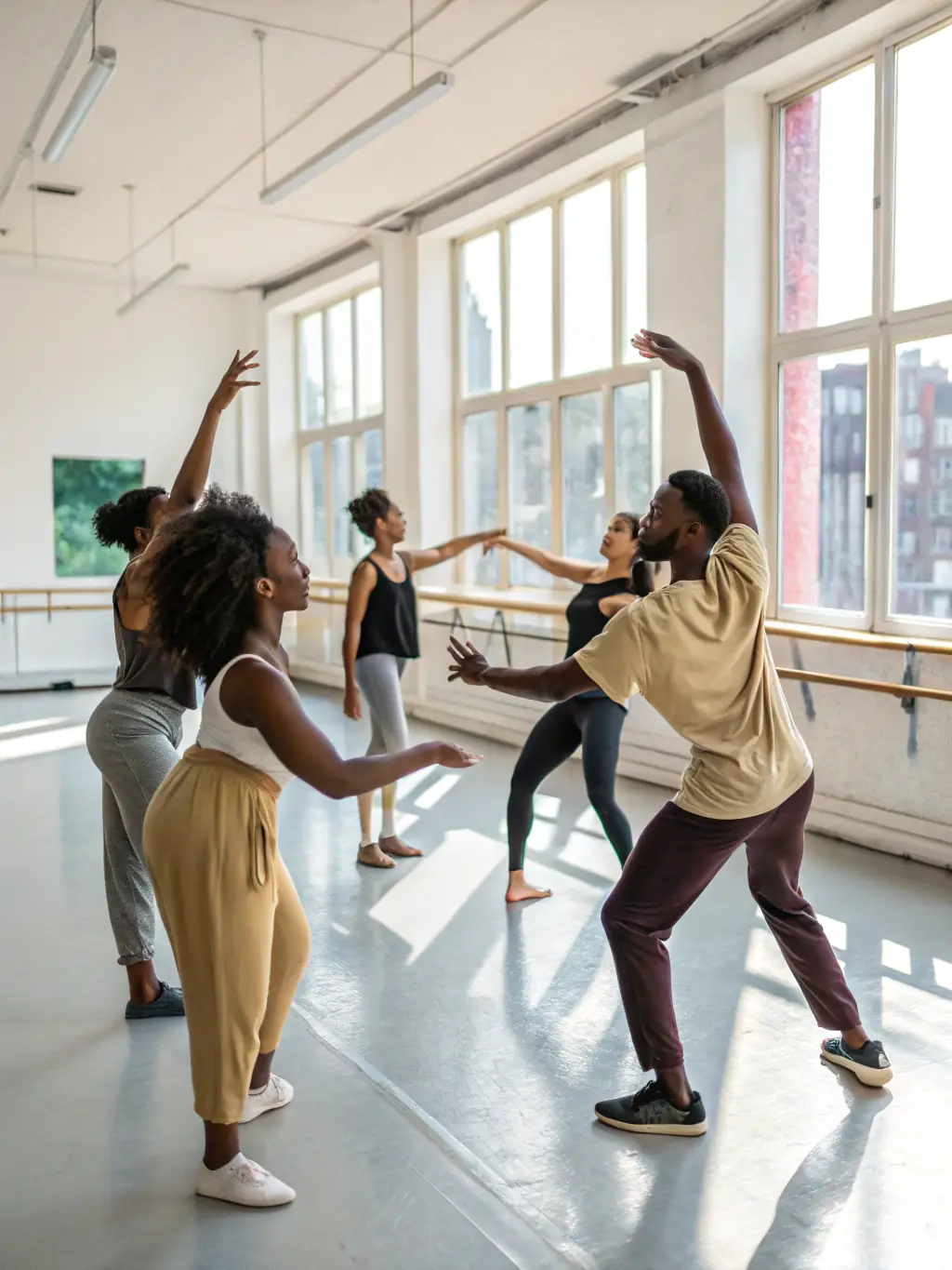 A picture of a dance class in session, with participants of all ages learning different dance styles, emphasizing the organization's inclusive approach to arts education.