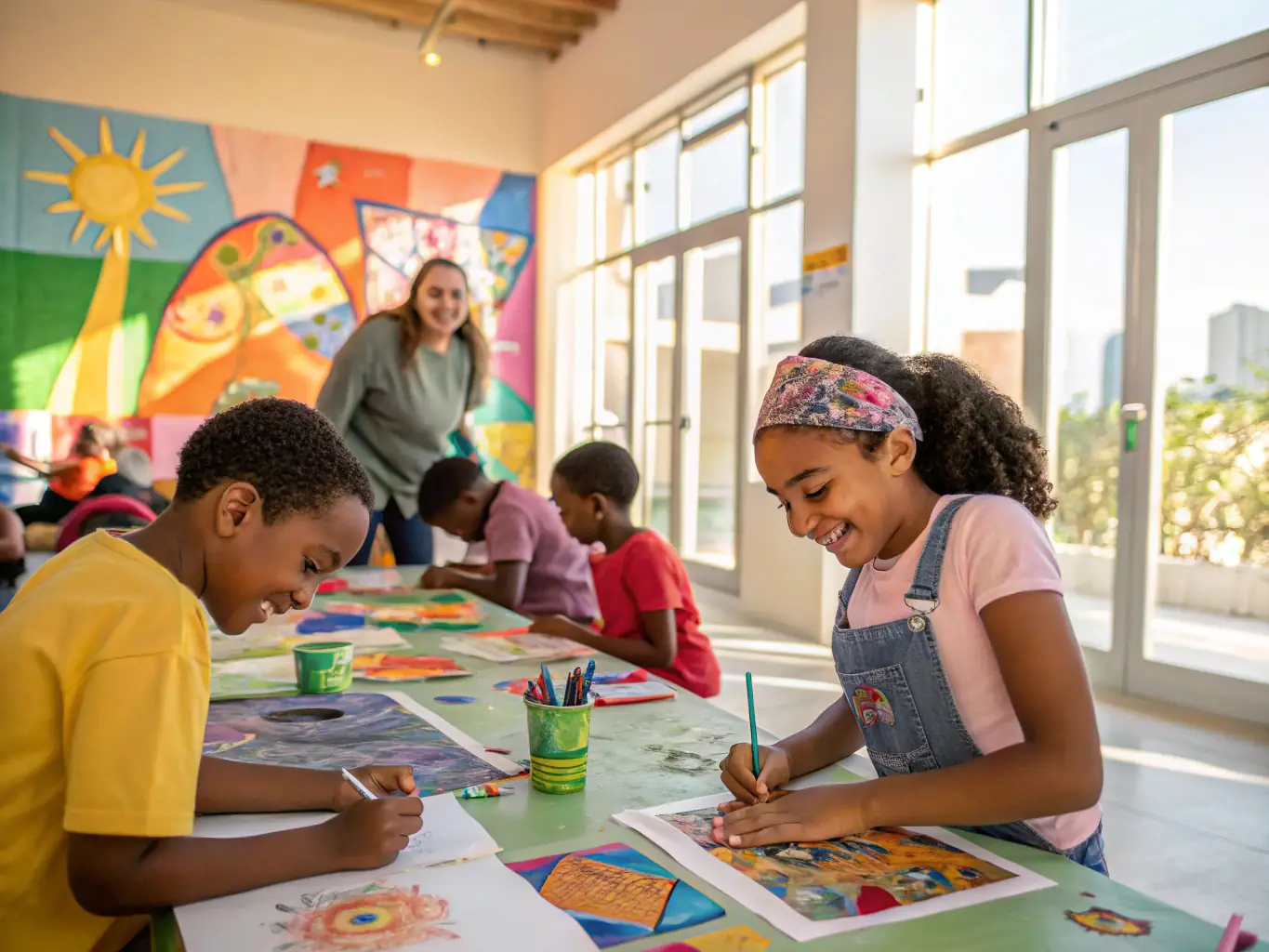A vibrant image depicting a group of children participating in an art workshop, with paintbrushes and colorful artwork visible. The setting is a bright and cheerful community center.
