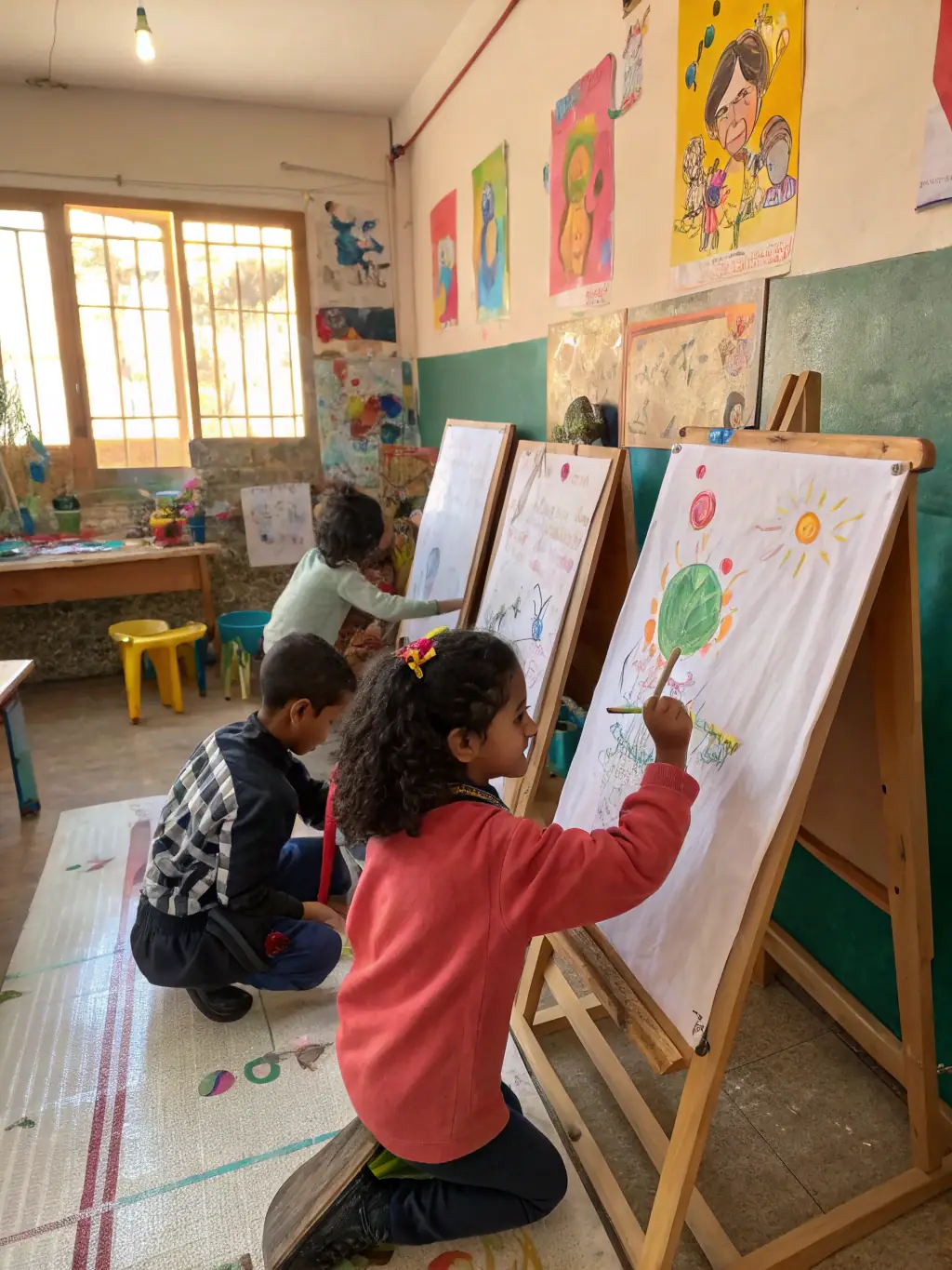 A vibrant photograph capturing a children's art workshop in progress, with kids painting and creating artwork, showcasing the organization's commitment to early artistic education.