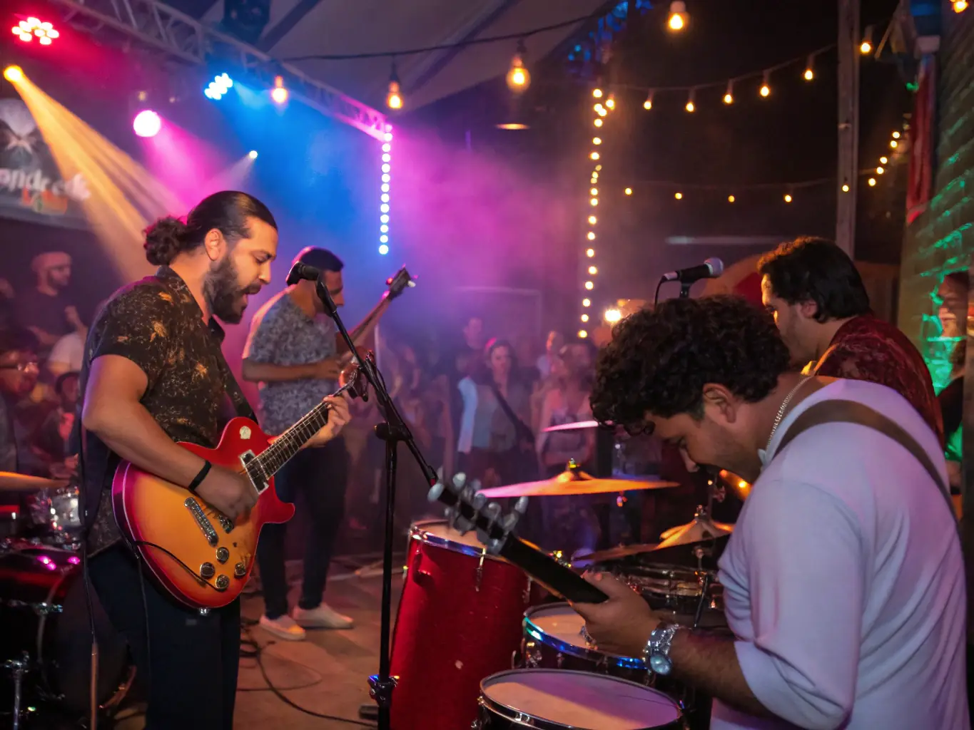 A photograph showcasing a live musical performance on a well-lit stage, with musicians playing instruments and an audience enjoying the show.